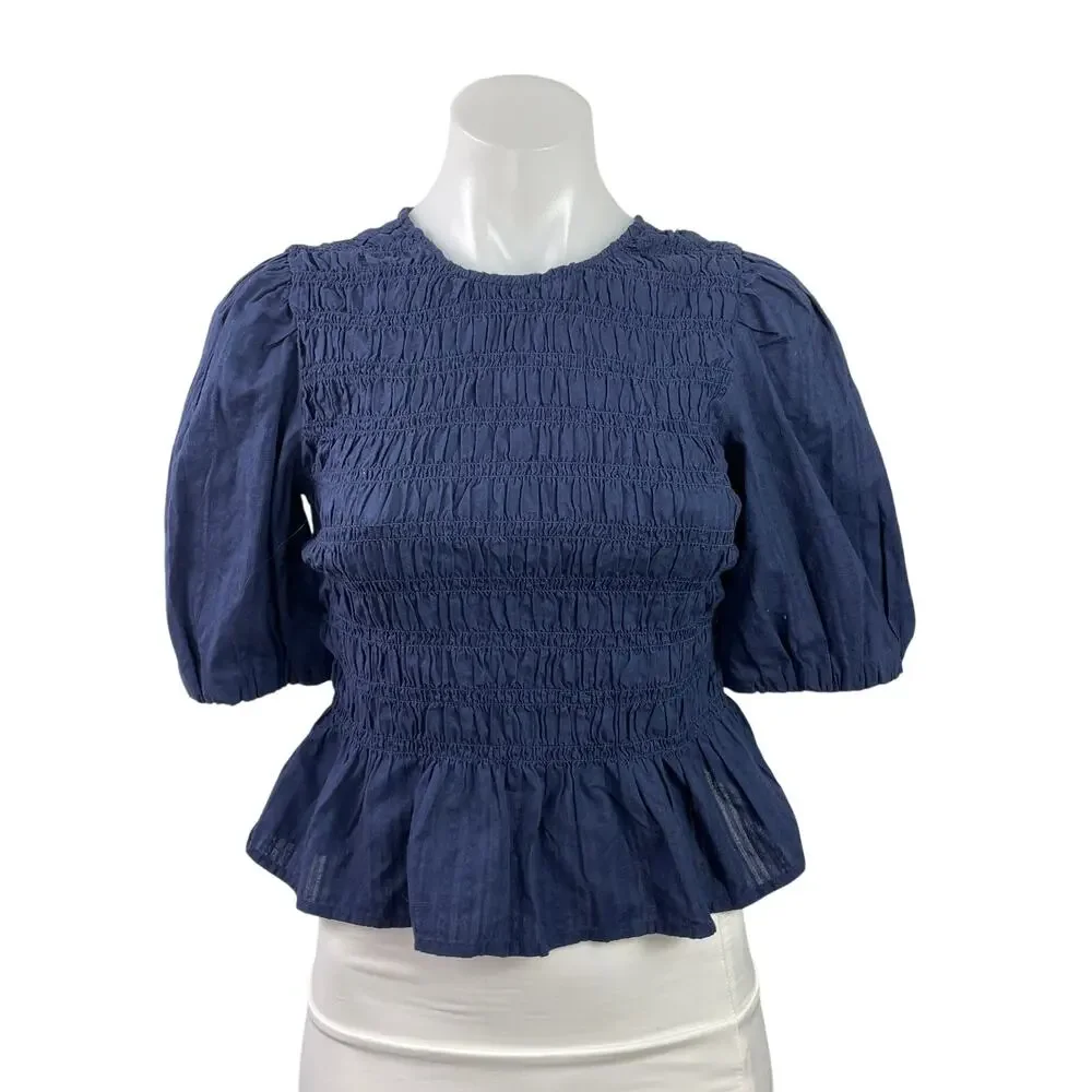 Old Navy Women's Navy Blue Short Puff Sleeve Smocked Peplum Blouse Top Size XS